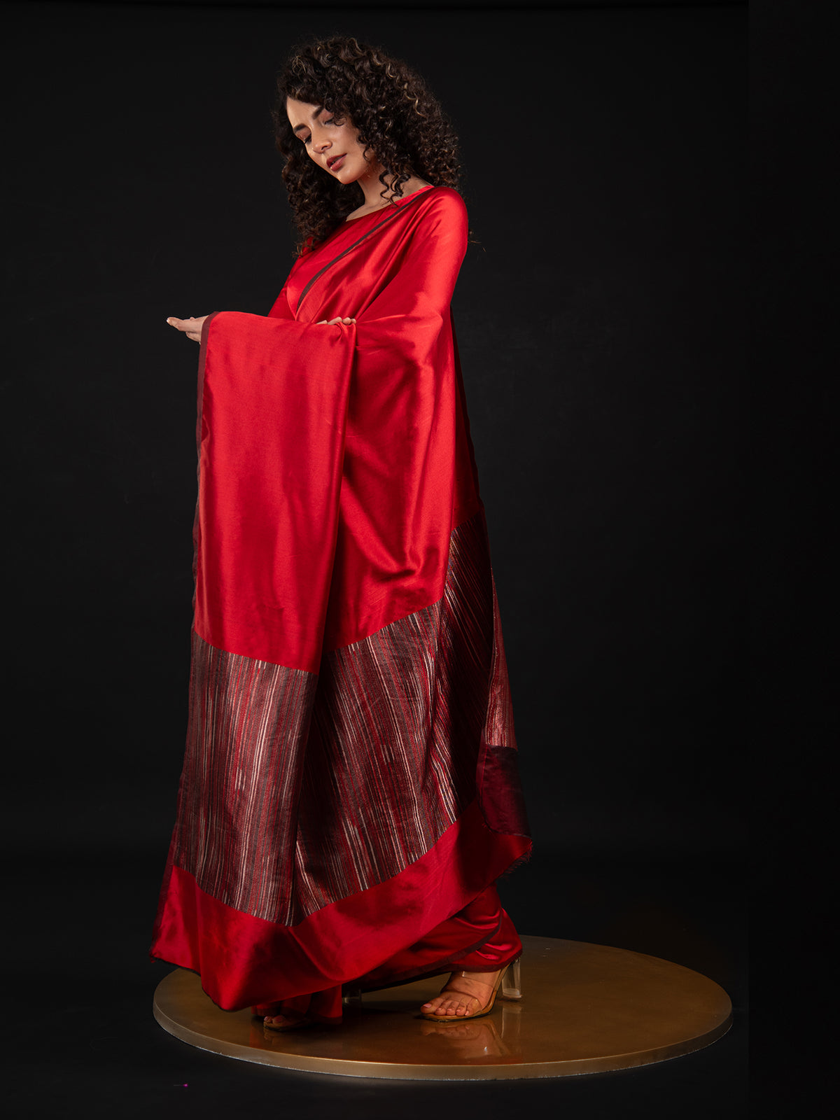 Red Plain Satin Silk Handloom Banarasi Saree - Sacred Weaves