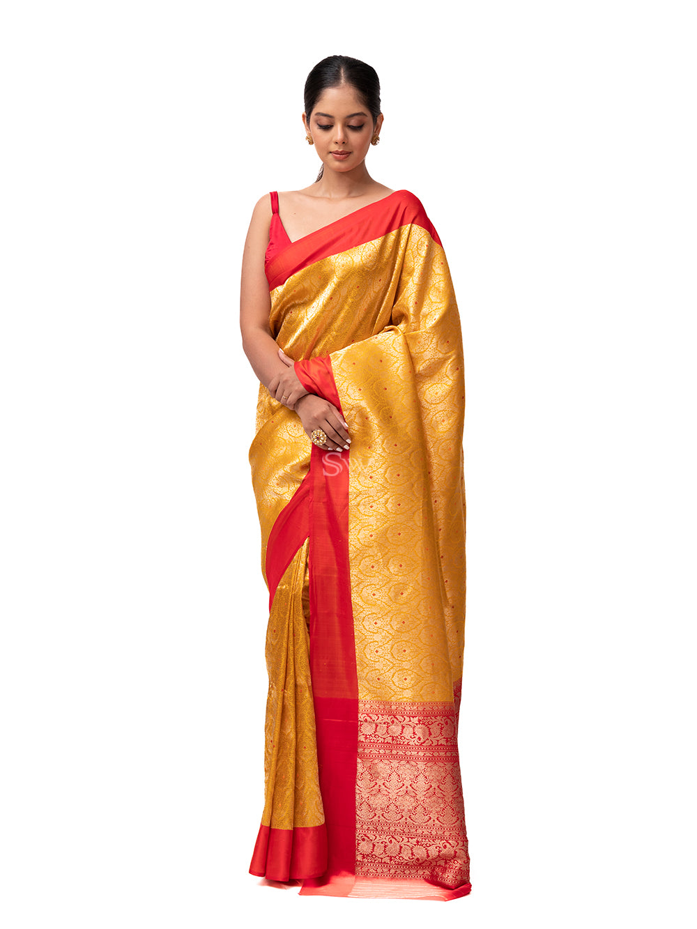 Yellow Katan Silk Brocade Handloom Banarasi Saree - Sacred Weaves