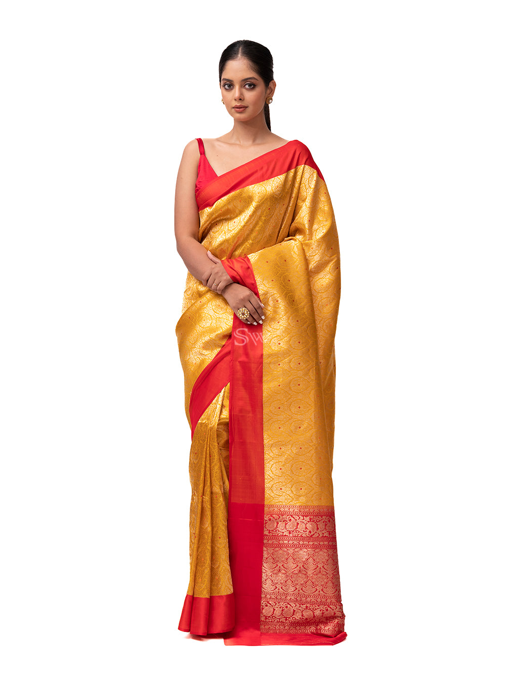 Yellow Katan Silk Brocade Handloom Banarasi Saree - Sacred Weaves