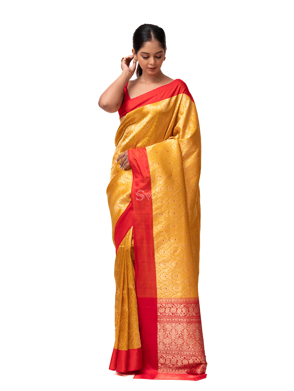 Yellow Katan Silk Brocade Handloom Banarasi Saree - Sacred Weaves