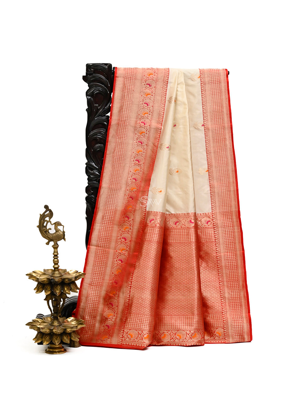 Beige Meenakari Boota Katan Silk Handloom Banarasi Saree - Sacred Weaves