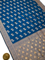 Midnight Blue Booti Katan Silk Handloom Banarasi Saree - Sacred Weaves