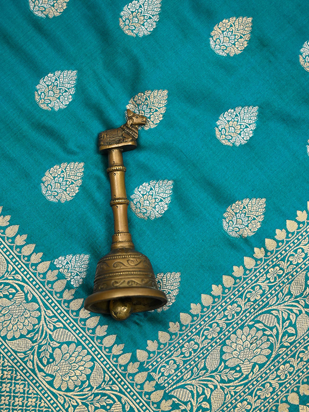 Peacock Blue Booti Katan Silk Handloom Banarasi Saree - Sacred Weaves