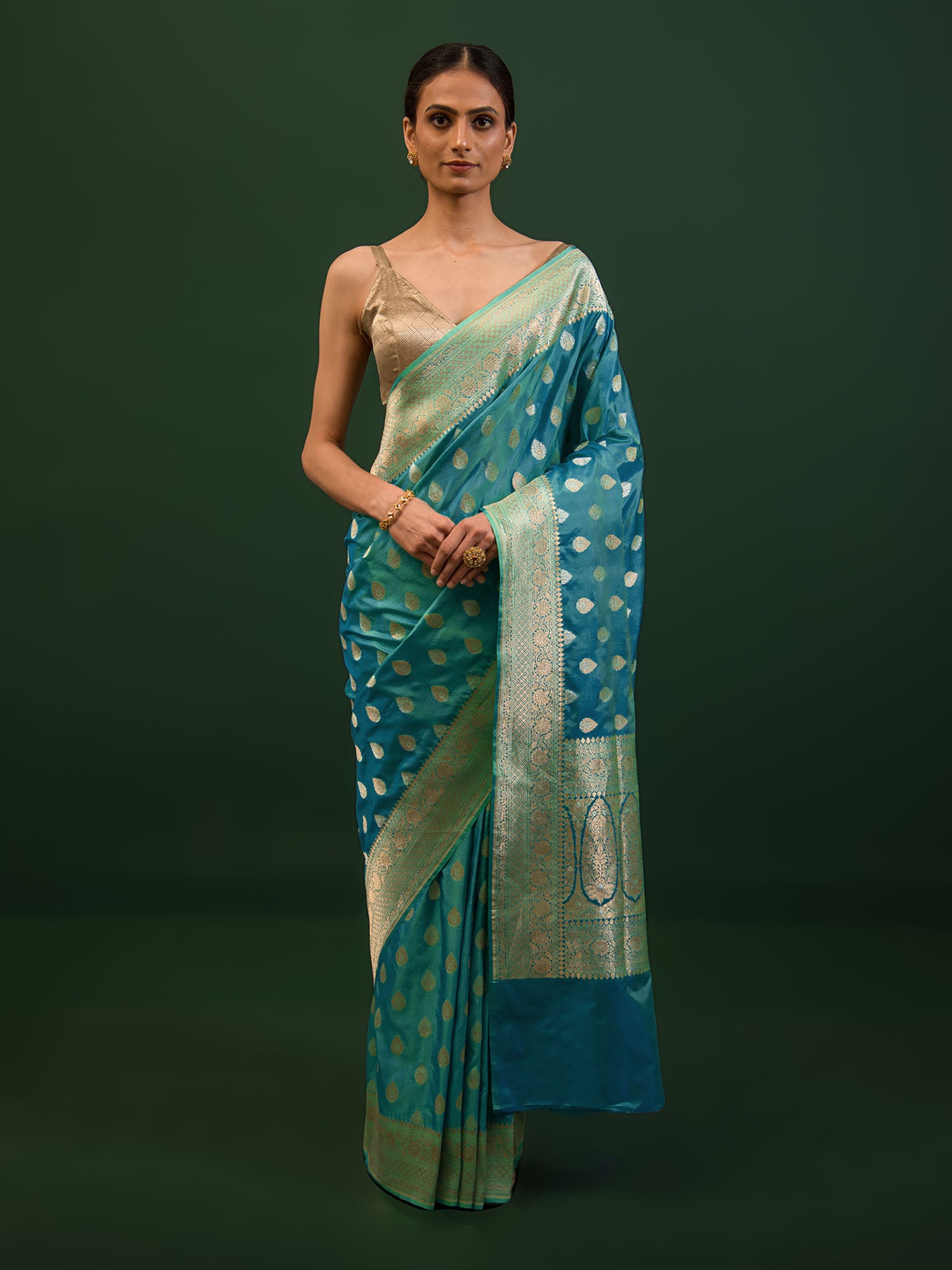 Peacock Blue Booti Katan Silk Handloom Banarasi Saree - Sacred Weaves