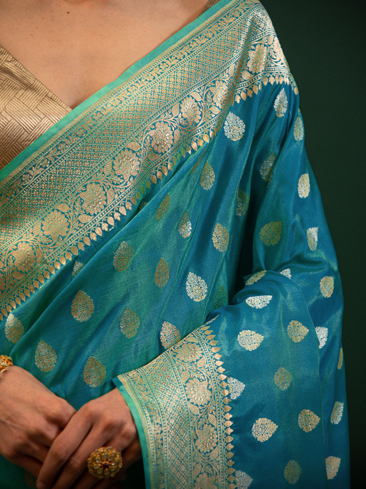 Peacock Blue Booti Katan Silk Handloom Banarasi Saree - Sacred Weaves