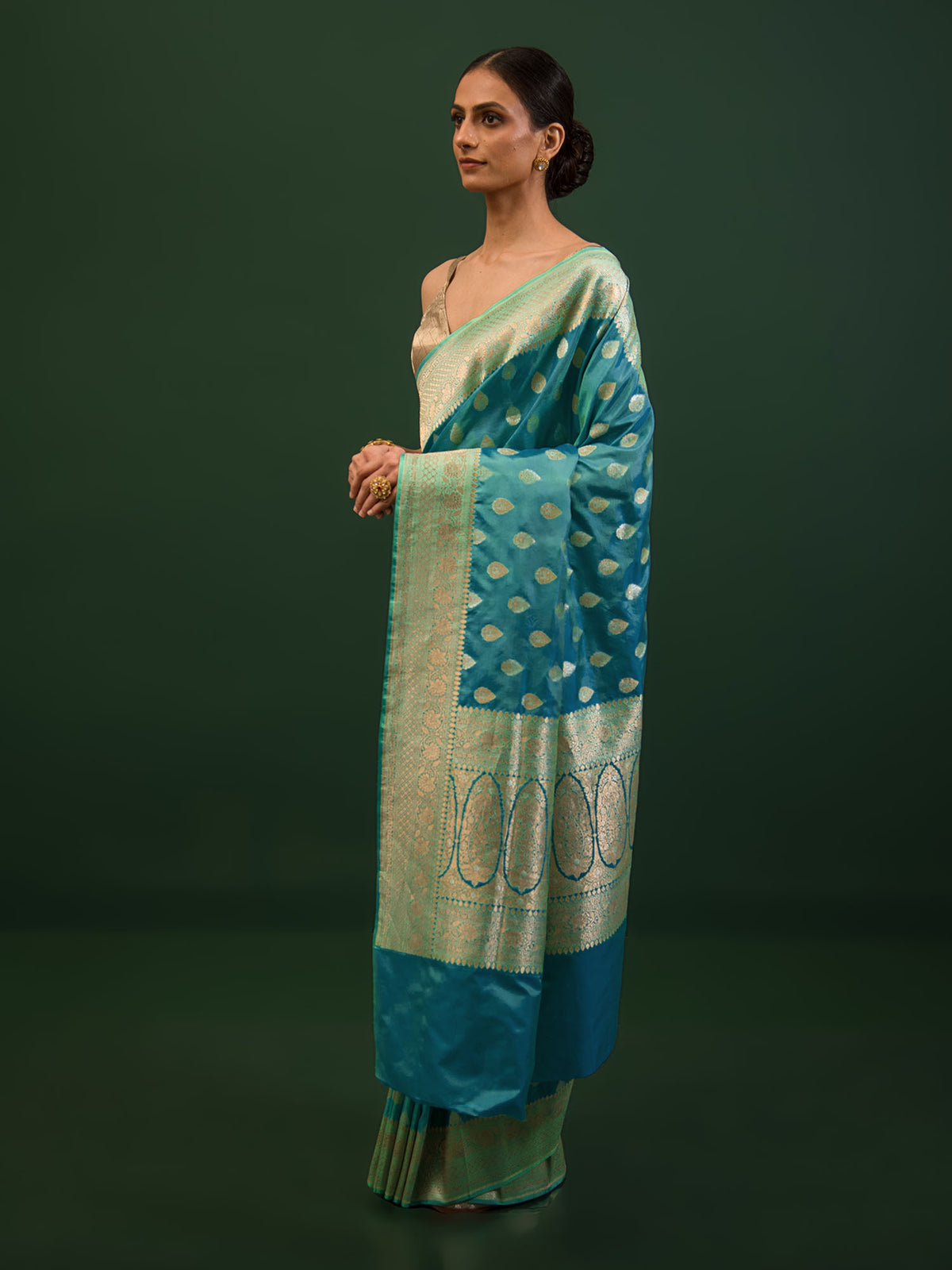 Peacock Blue Booti Katan Silk Handloom Banarasi Saree - Sacred Weaves