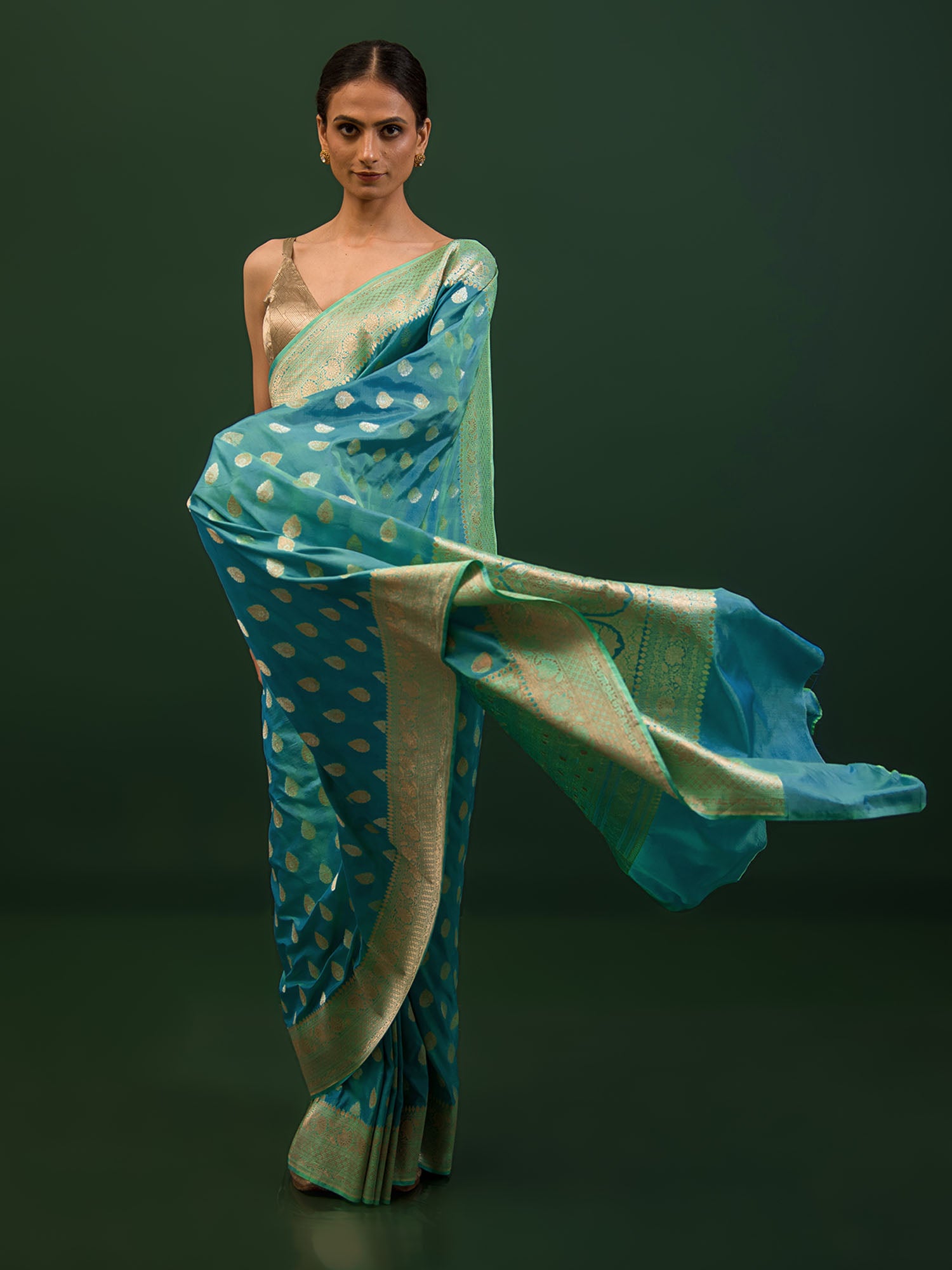 Peacock Blue Booti Katan Silk Handloom Banarasi Saree - Sacred Weaves