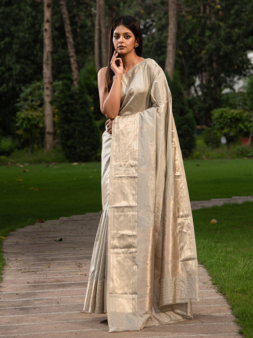 Light Grey Boota Katan Silk Handloom Banarasi Saree - Sacred Weaves
