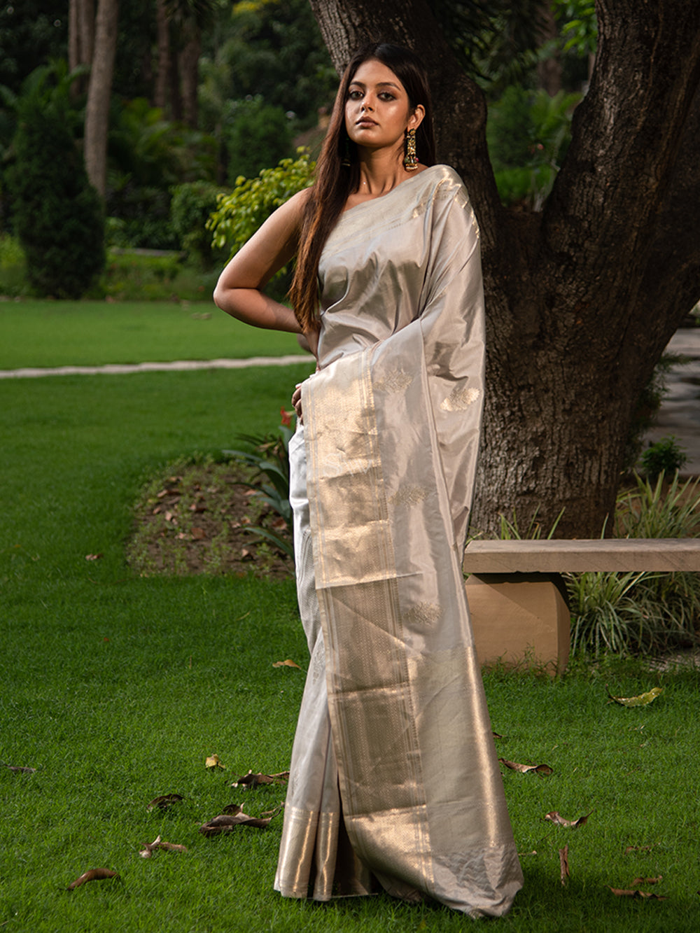 Light Grey Boota Katan Silk Handloom Banarasi Saree - Sacred Weaves