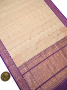 Beige Purple Booti Tussar Silk Handloom Banarasi Saree - Sacred Weaves