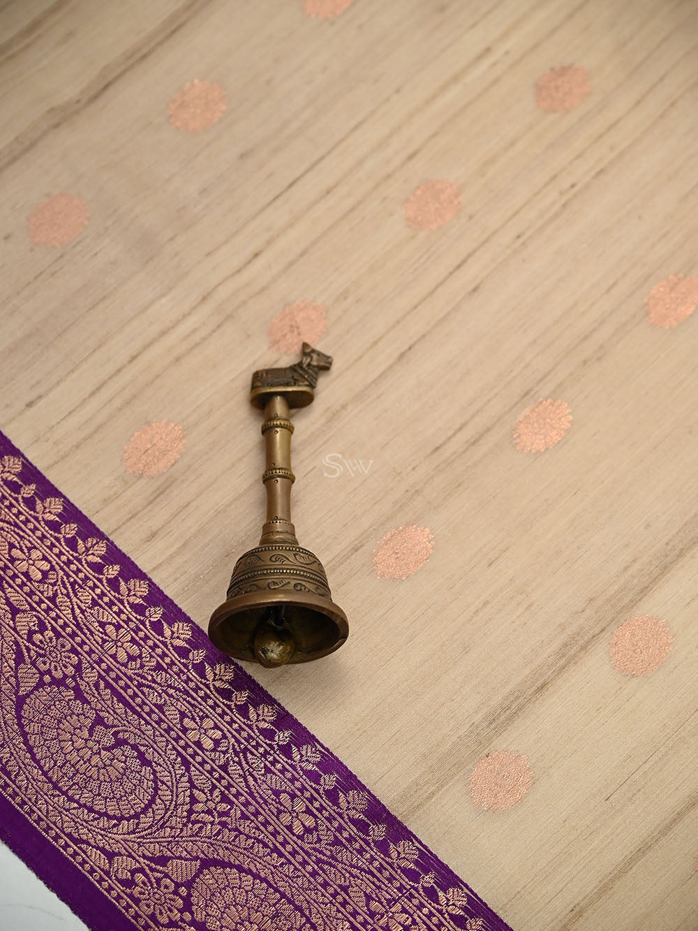 Beige Purple Booti Tussar Silk Handloom Banarasi Saree - Sacred Weaves