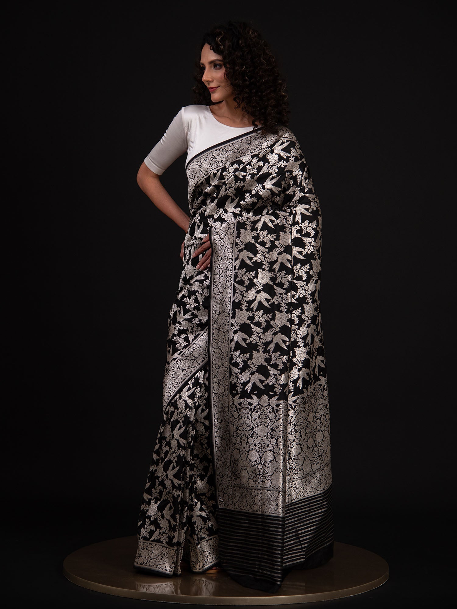 Black Shikargah Katan Silk Handloom Banarasi Saree - Sacred Weaves