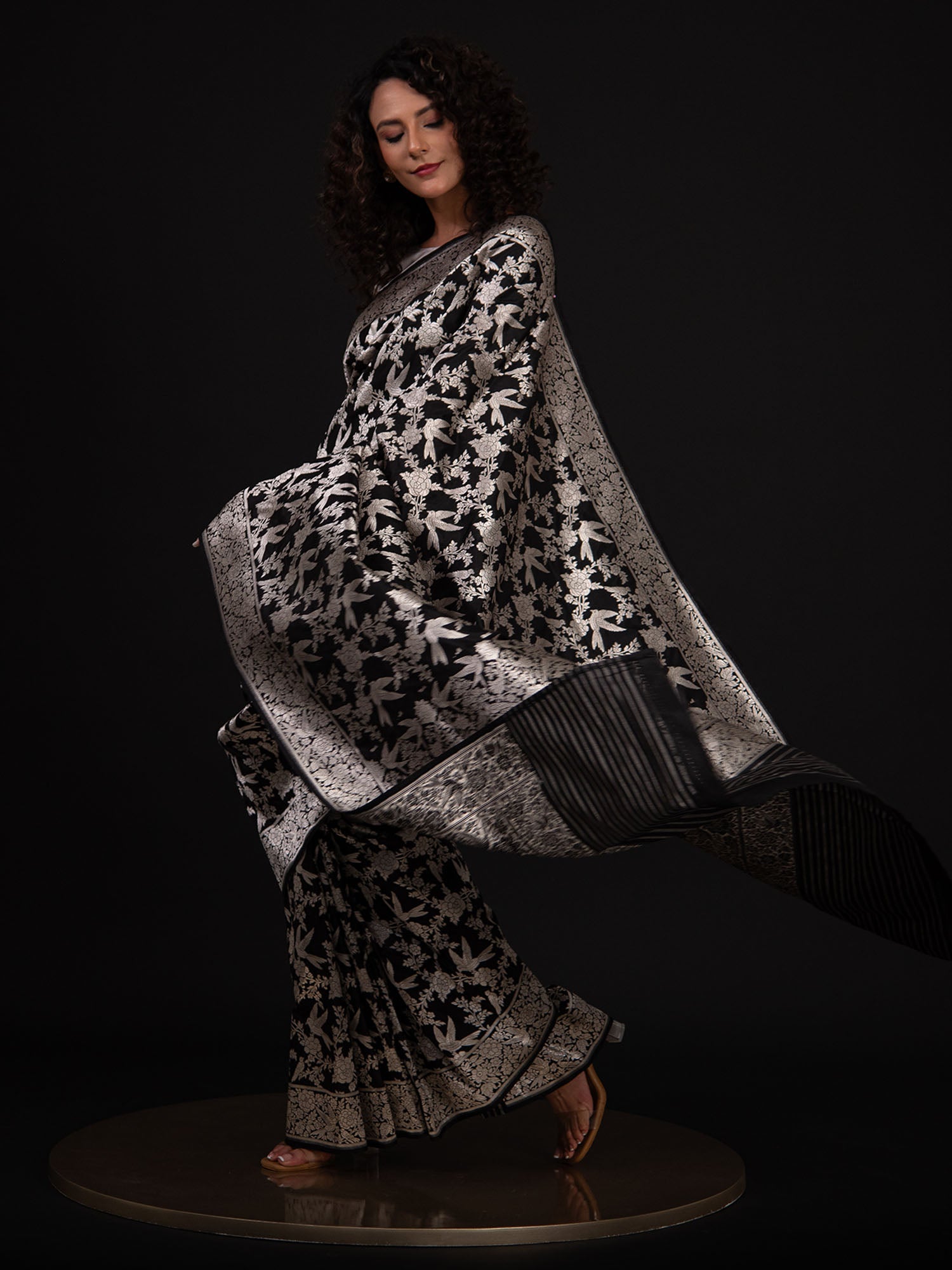 Black Shikargah Katan Silk Handloom Banarasi Saree - Sacred Weaves