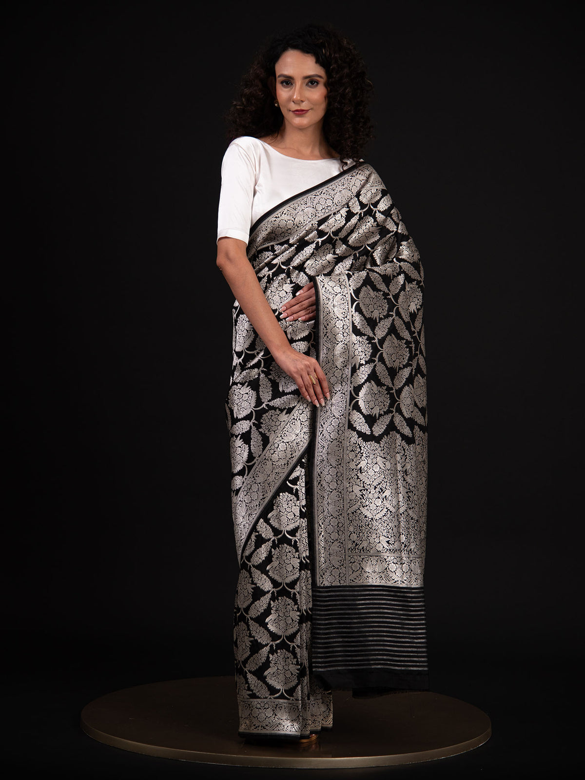 Black Shikargah Katan Silk Handloom Banarasi Saree - Sacred Weaves