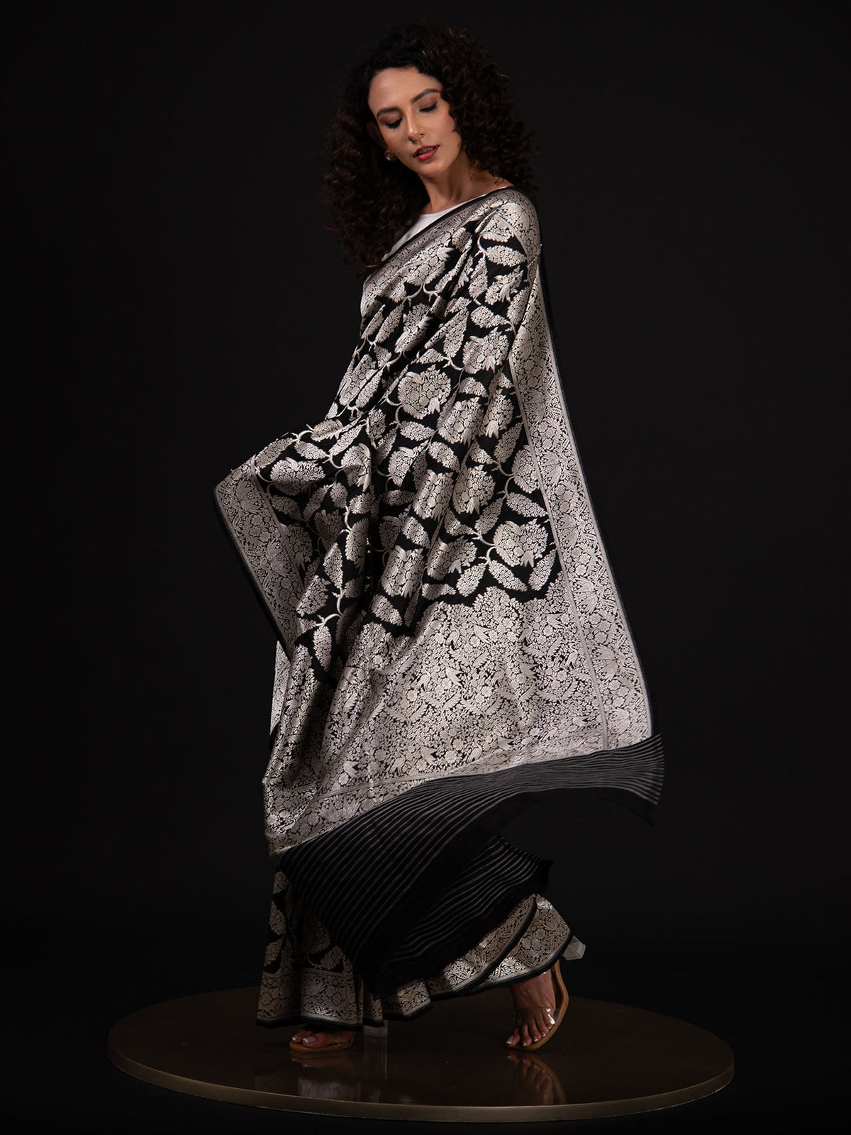 Black Shikargah Katan Silk Handloom Banarasi Saree - Sacred Weaves