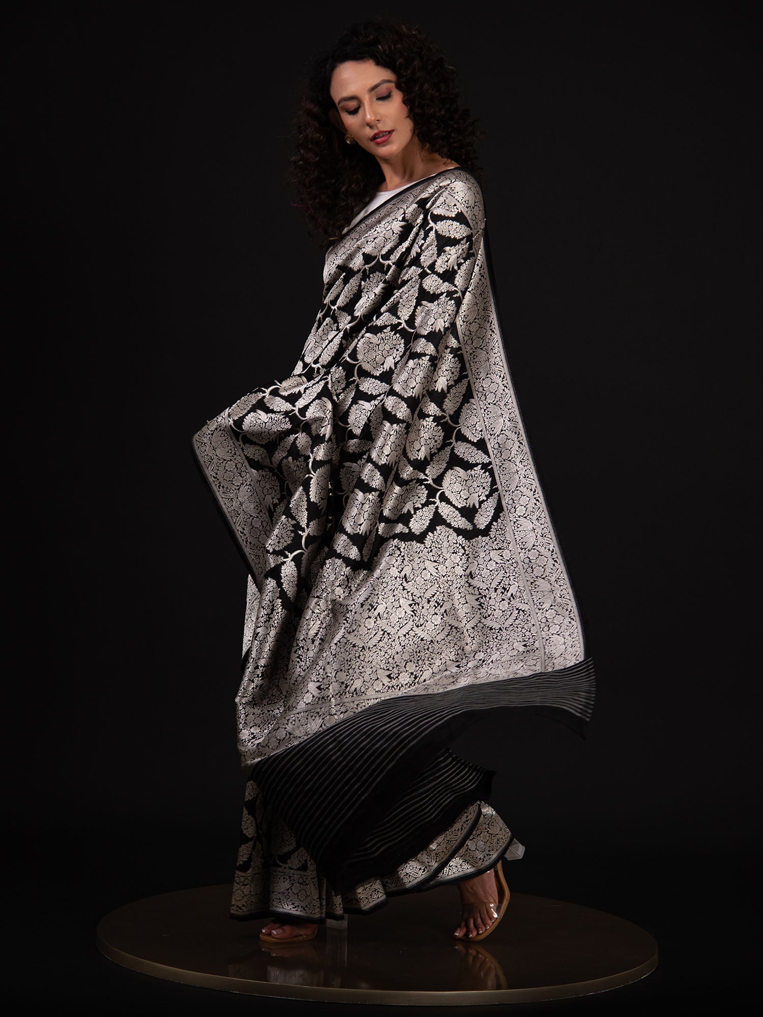 Black Shikargah Katan Silk Handloom Banarasi Saree - Sacred Weaves