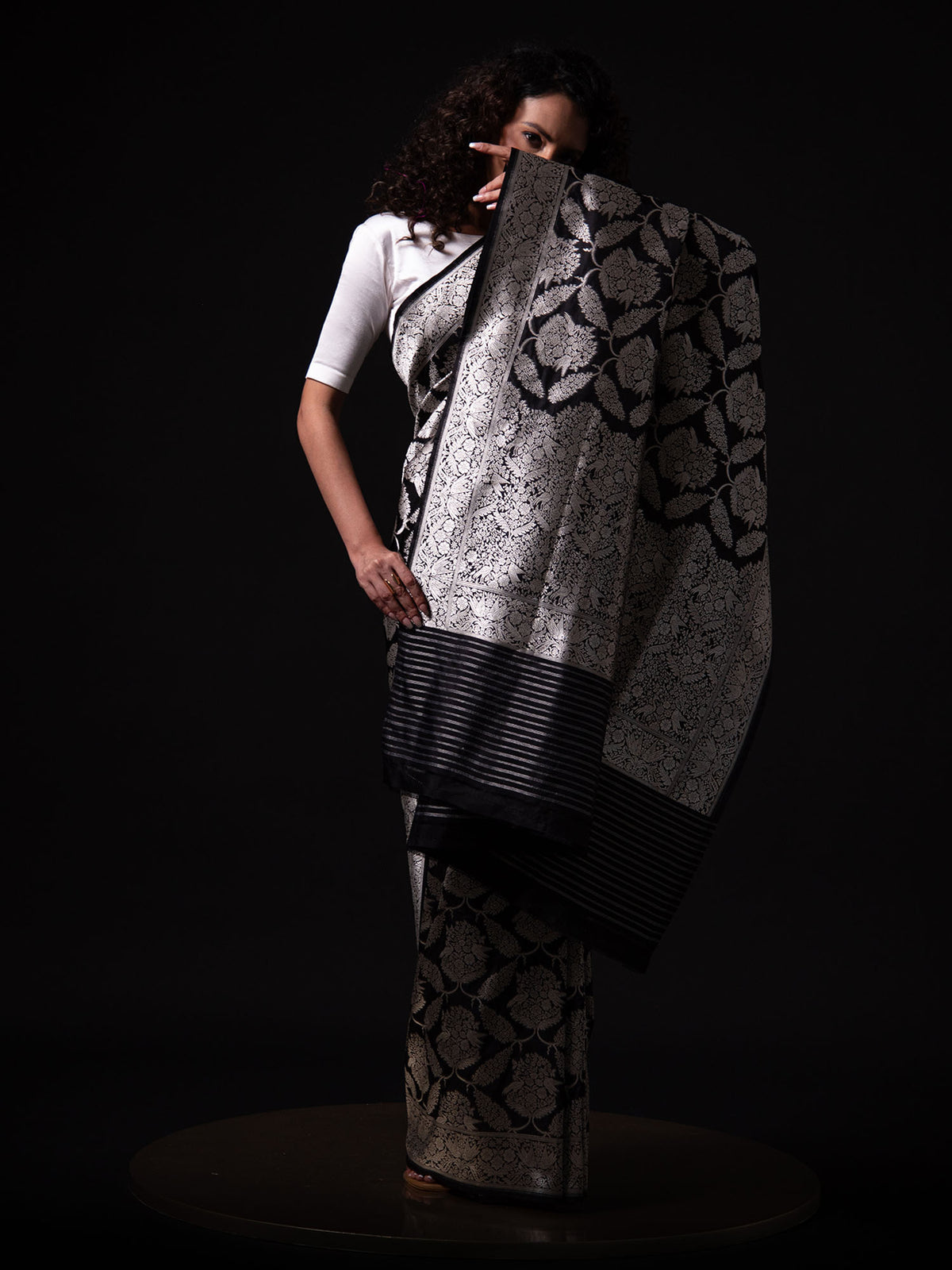 Black Shikargah Katan Silk Handloom Banarasi Saree - Sacred Weaves