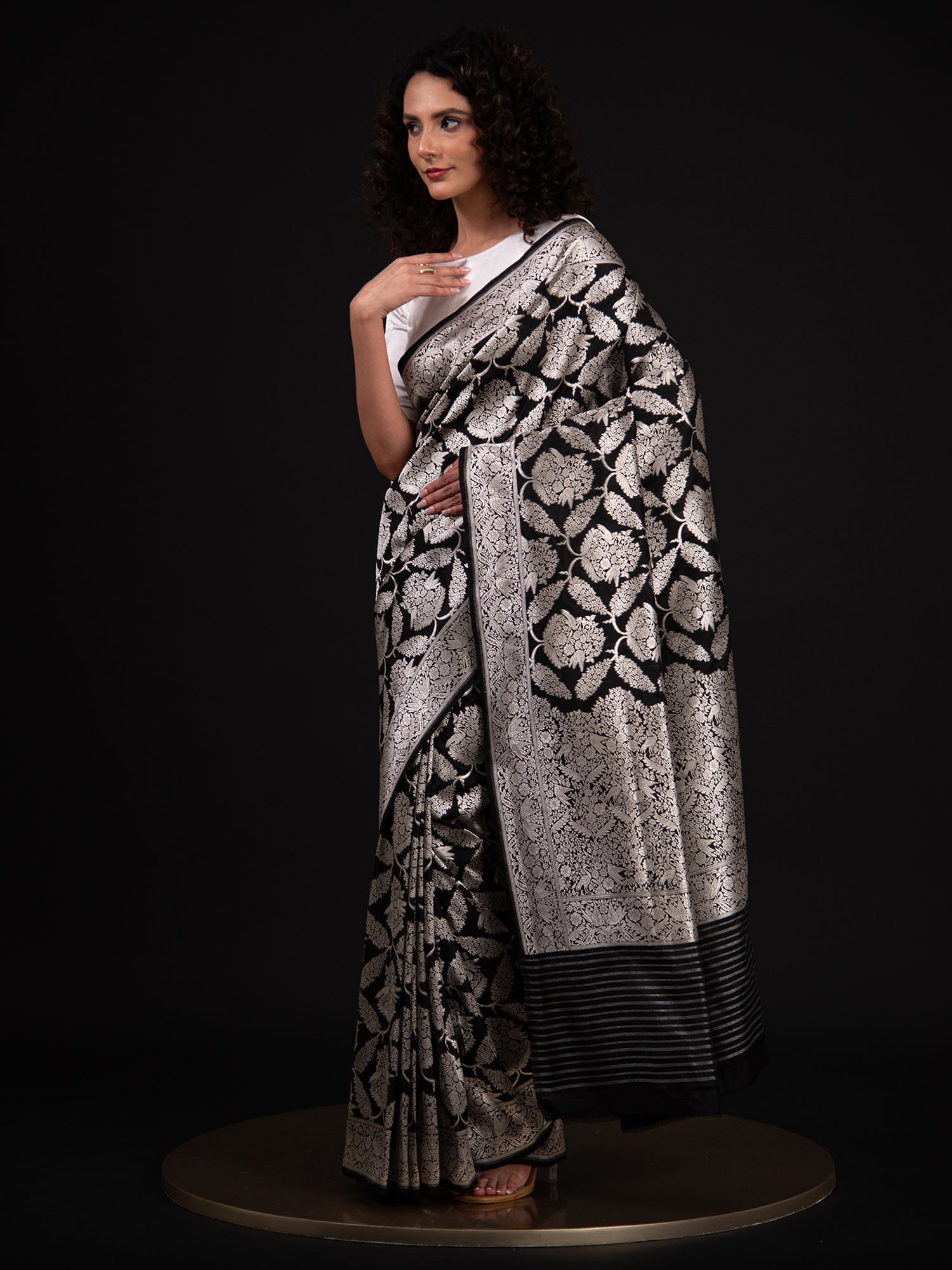 Black Shikargah Katan Silk Handloom Banarasi Saree - Sacred Weaves
