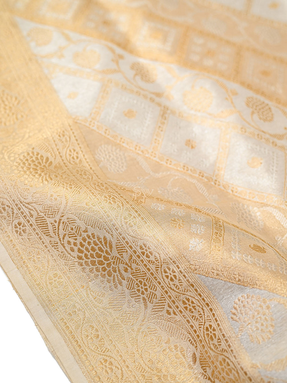 Cream Sona Roopa Silk Tissue Real Zari Handloom Banarasi Saree - Sacred Weaves