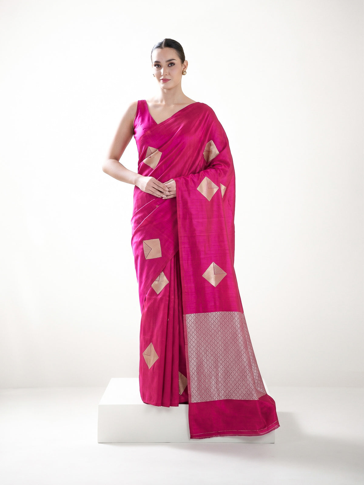 Dark Pink Pure Silk Kadhwa Banarasi Saree with Gold Boota