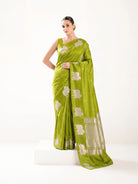 Parrot Green Zari Booti Pure Silk Handloom Banarasi Saree - Sacred Weaves