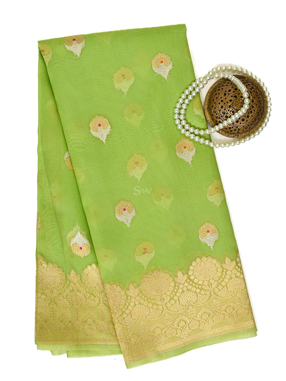 Parrot Green Boota Organza Handloom Banarasi Saree - Sacred Weaves