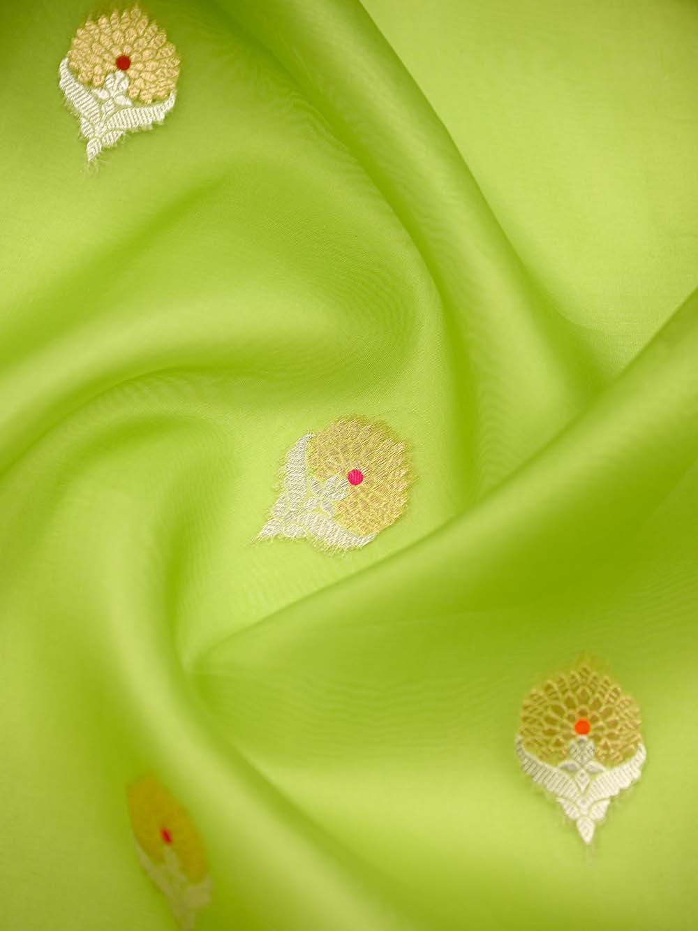 Parrot Green Boota Organza Handloom Banarasi Saree - Sacred Weaves