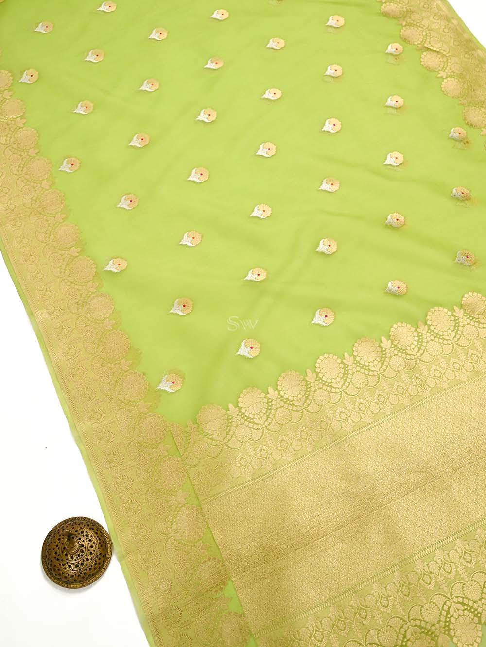 Parrot Green Boota Organza Handloom Banarasi Saree - Sacred Weaves