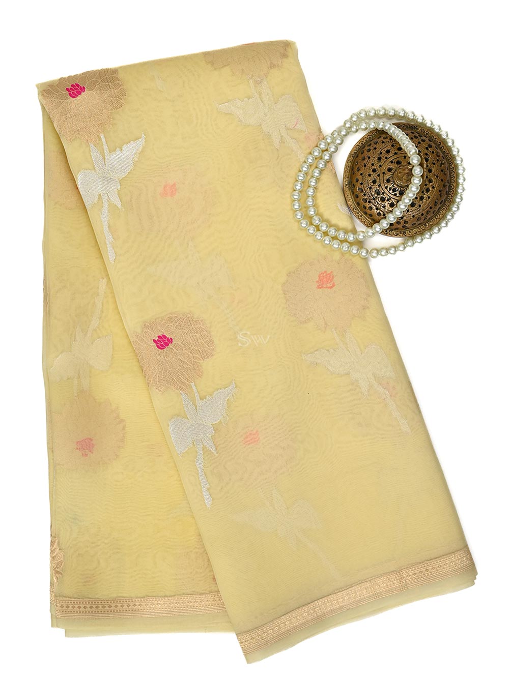 Yellow Boota Organza Handloom Banarasi Saree - Sacred Weaves