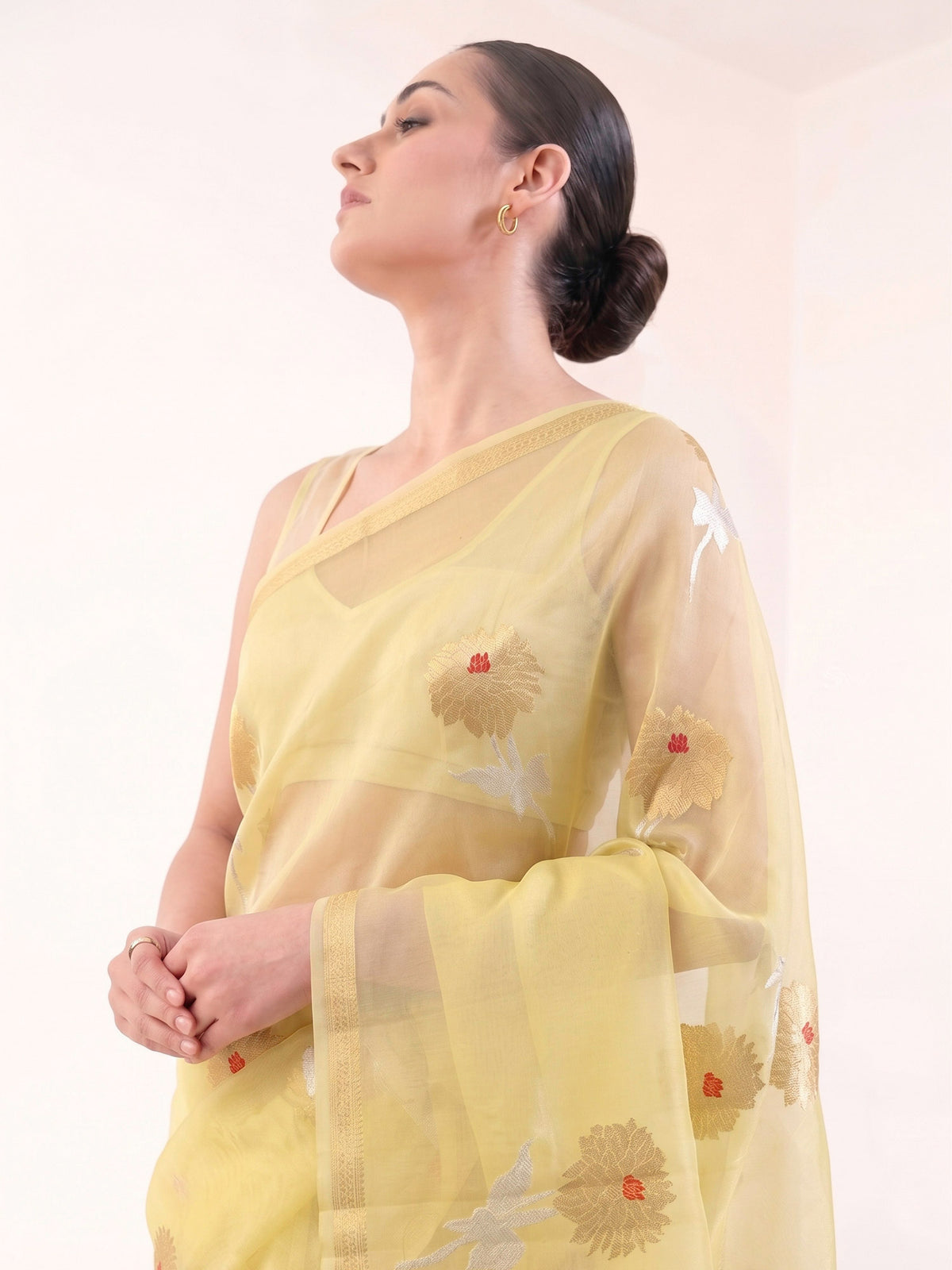 Yellow Boota Organza Handloom Banarasi Saree - Sacred Weaves
