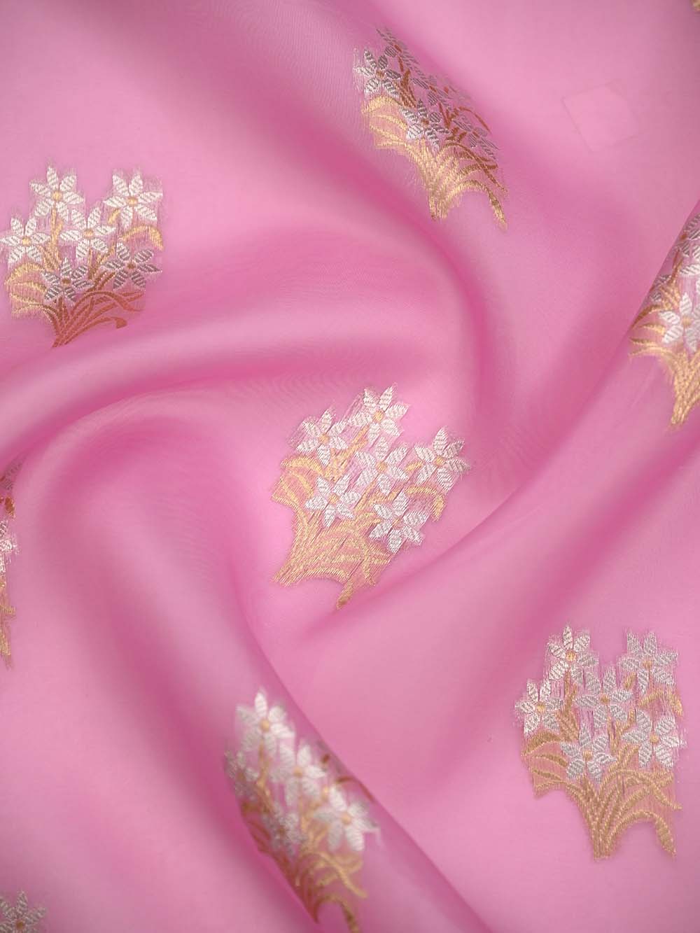 Pastel Pink Boota Organza Handloom Banarasi Saree - Sacred Weaves