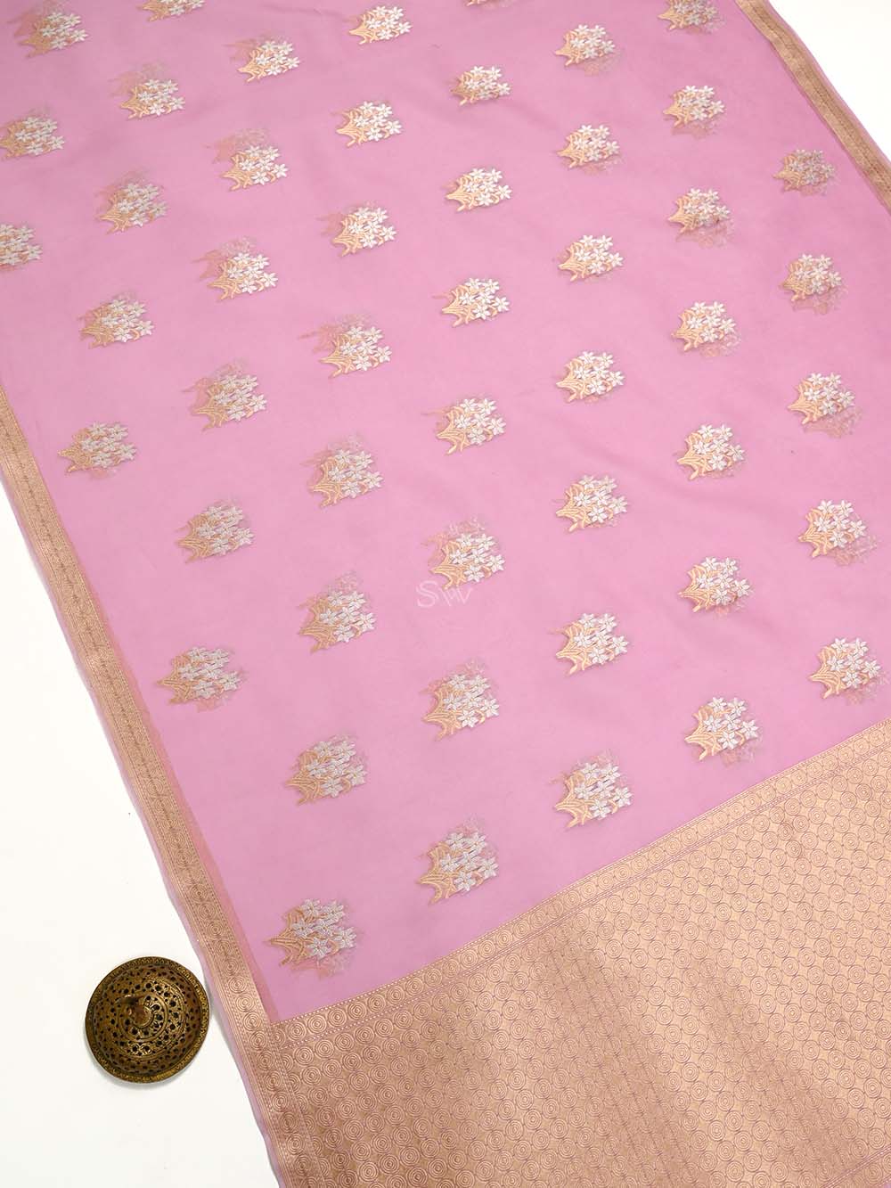Pastel Pink Boota Organza Handloom Banarasi Saree - Sacred Weaves