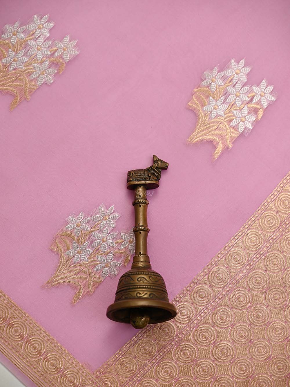 Pastel Pink Boota Organza Handloom Banarasi Saree - Sacred Weaves