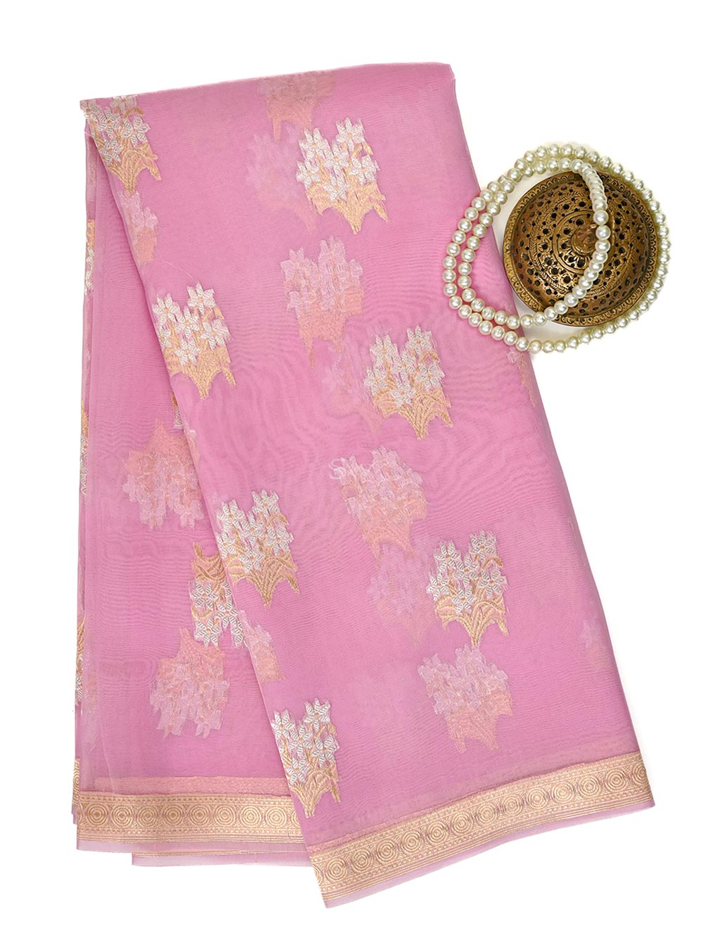 Pastel Pink Boota Organza Handloom Banarasi Saree - Sacred Weaves