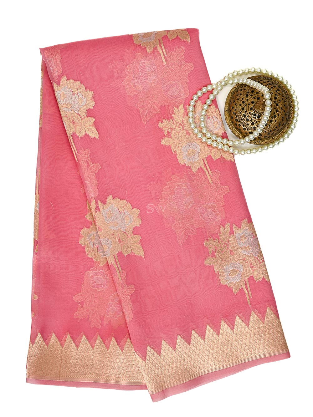 Peach Pink Boota Organza Handloom Banarasi Saree - Sacred Weaves