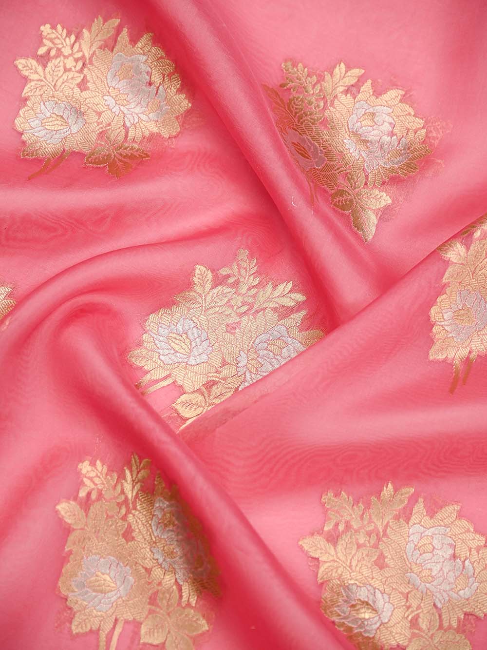 Peach Pink Boota Organza Handloom Banarasi Saree - Sacred Weaves
