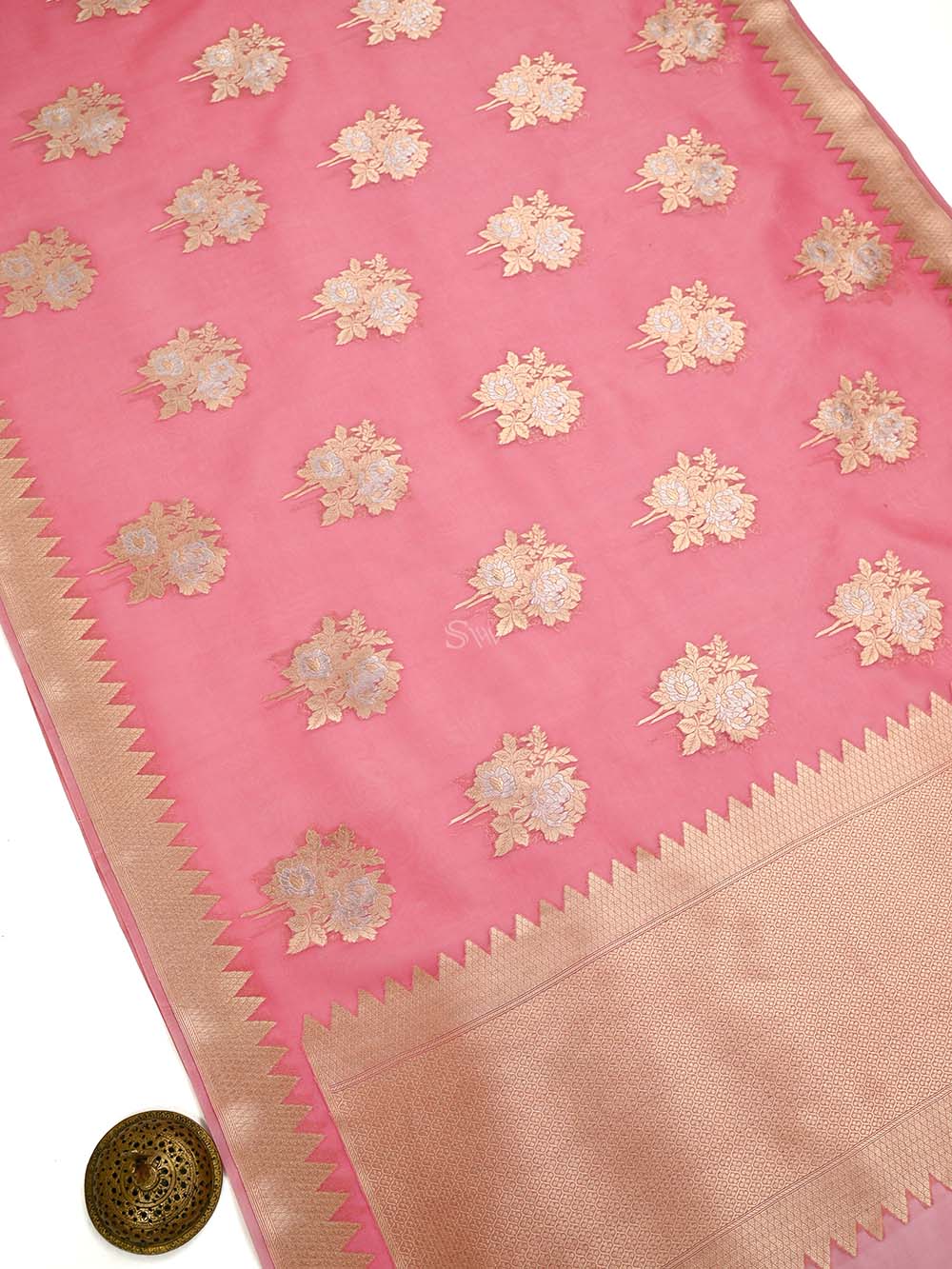 Peach Pink Boota Organza Handloom Banarasi Saree - Sacred Weaves