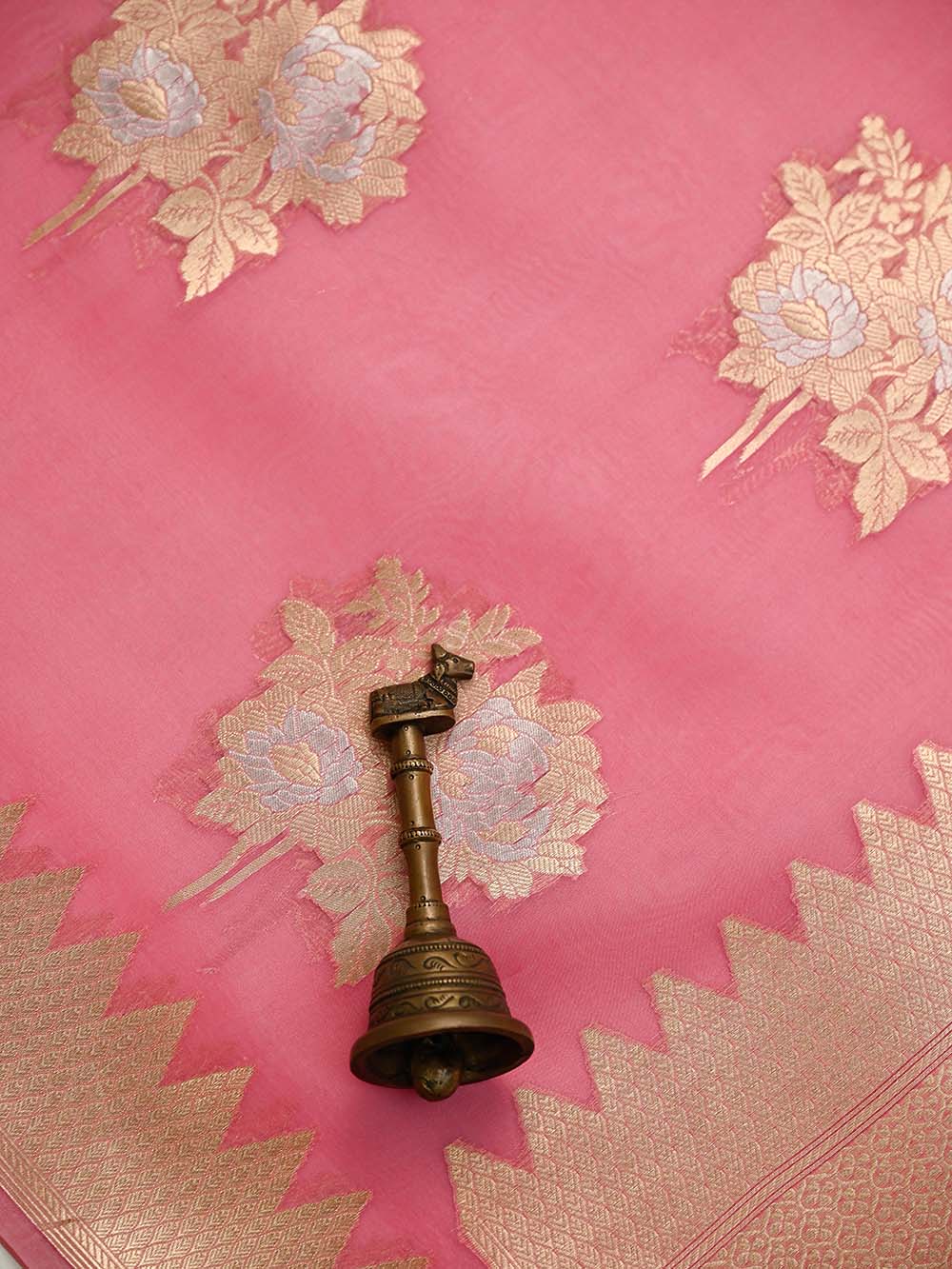 Peach Pink Boota Organza Handloom Banarasi Saree - Sacred Weaves