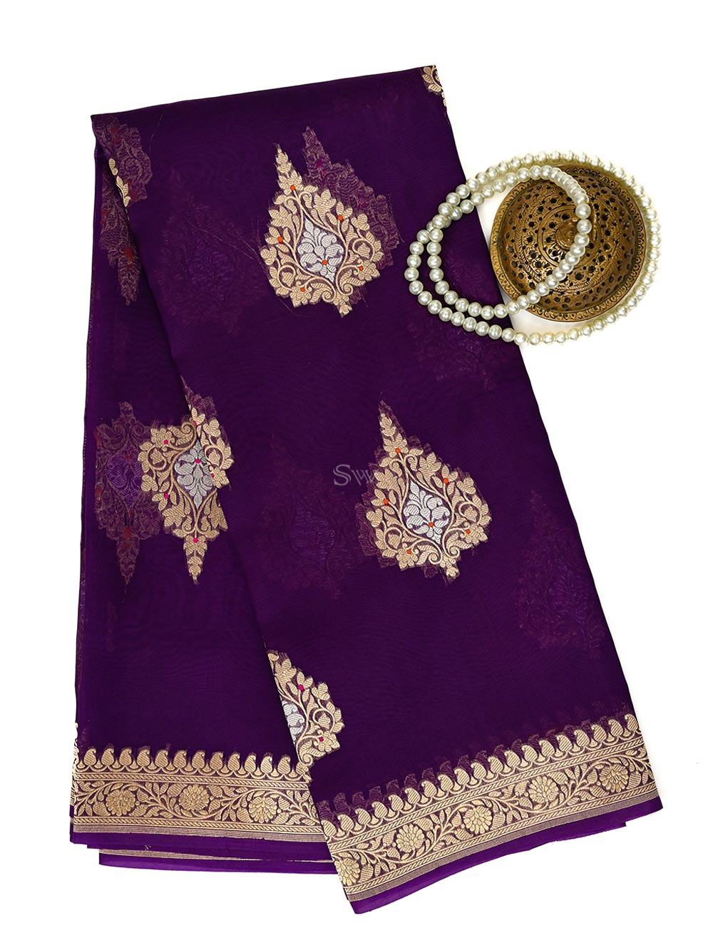 Dark Purple Boota Organza Handloom Banarasi Saree - Sacred Weaves