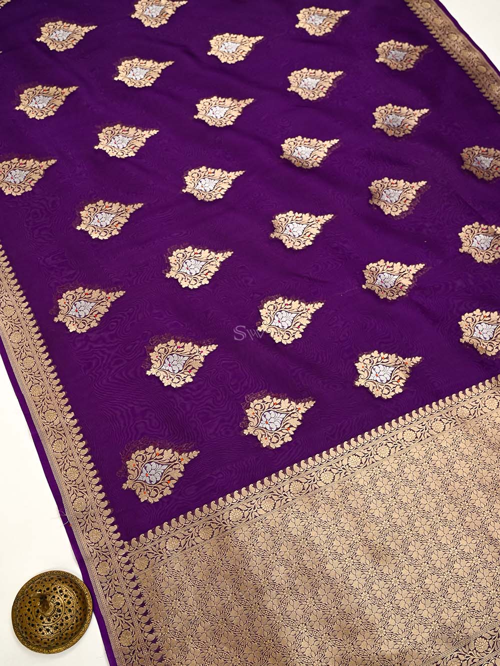 Dark Purple Boota Organza Handloom Banarasi Saree - Sacred Weaves