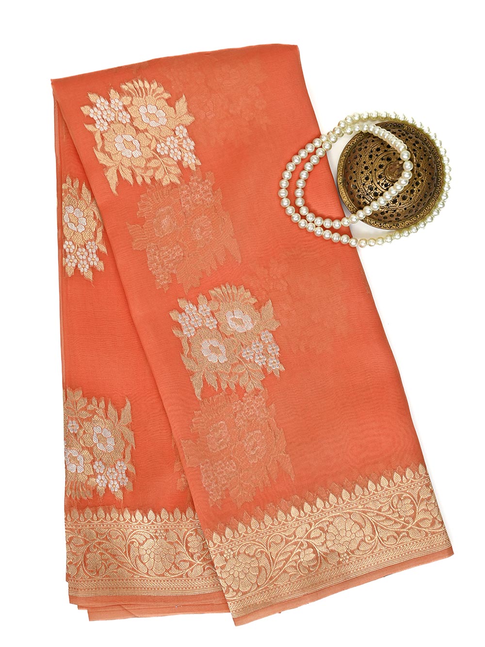 Orange Boota Organza Handloom Banarasi Saree - Sacred Weaves