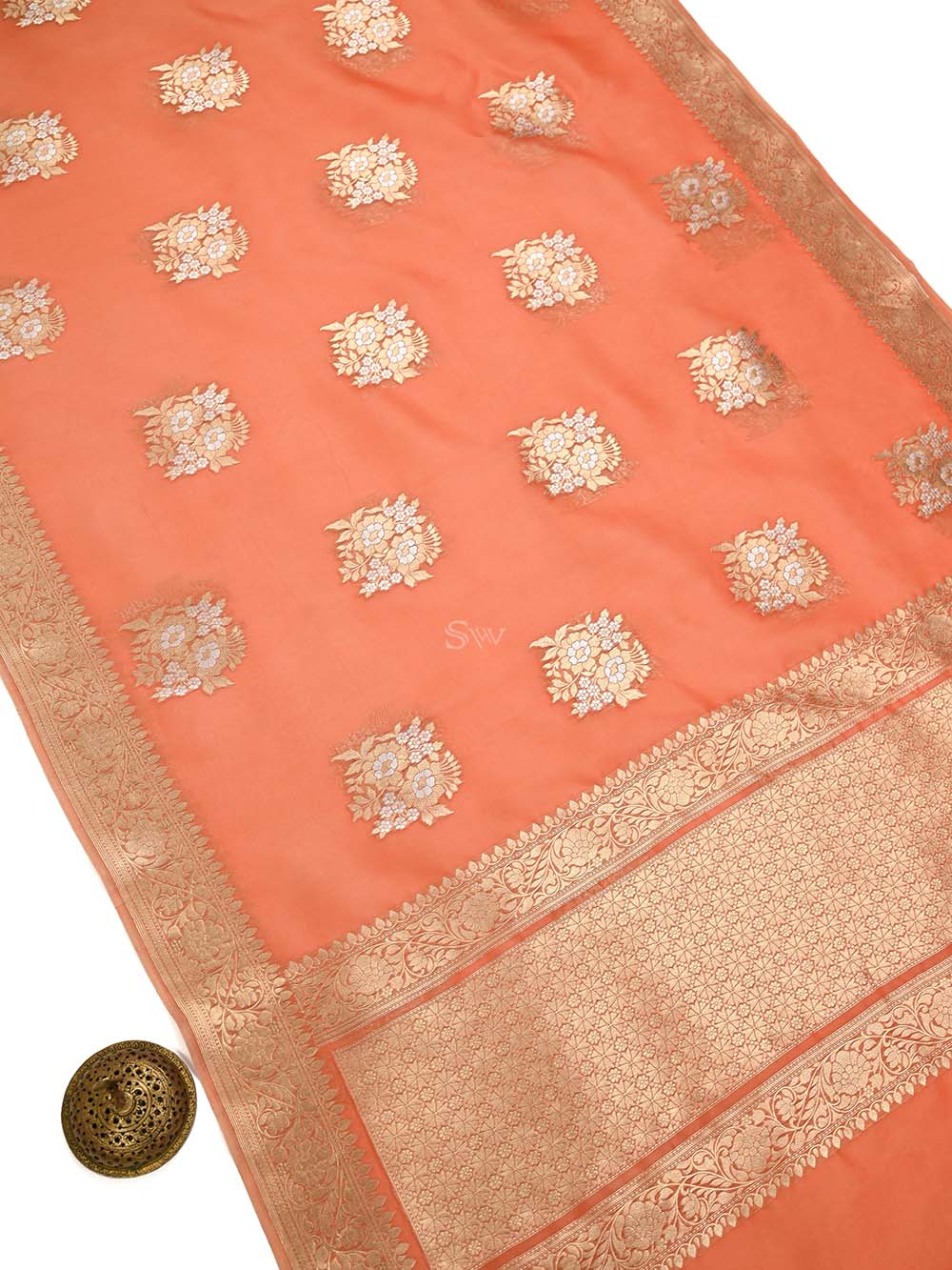 Orange Boota Organza Handloom Banarasi Saree - Sacred Weaves