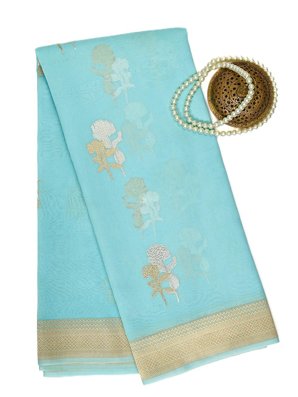 Pastel Aqua Blue Boota Organza Handloom Banarasi Saree - Sacred Weaves