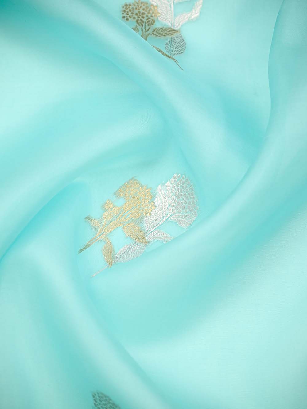 Pastel Aqua Blue Boota Organza Handloom Banarasi Saree - Sacred Weaves