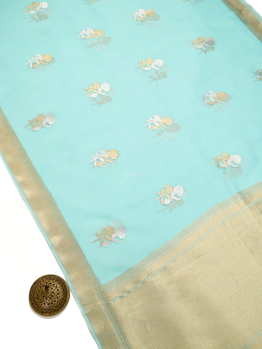 Pastel Aqua Blue Boota Organza Handloom Banarasi Saree - Sacred Weaves