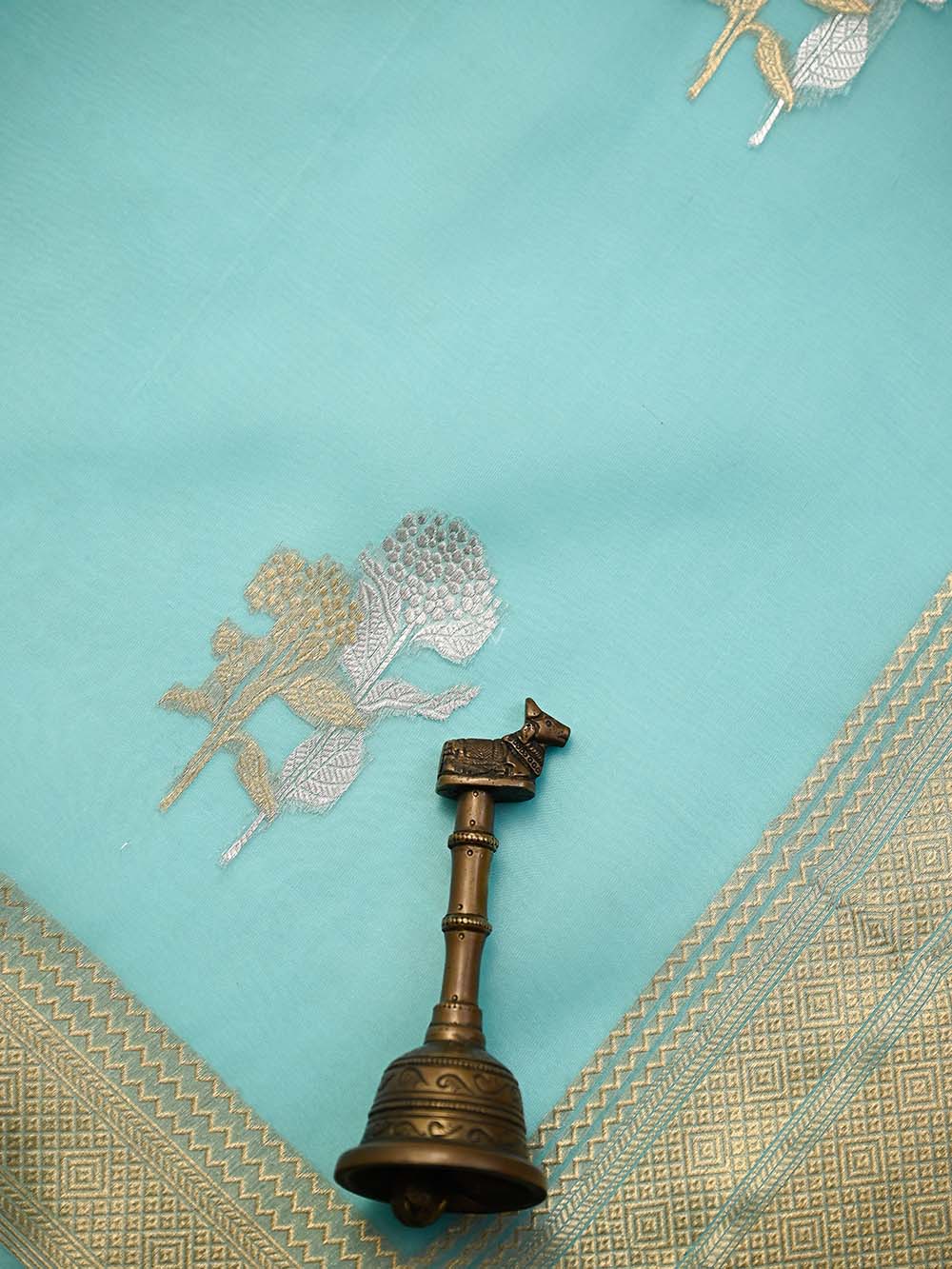 Pastel Aqua Blue Boota Organza Handloom Banarasi Saree - Sacred Weaves
