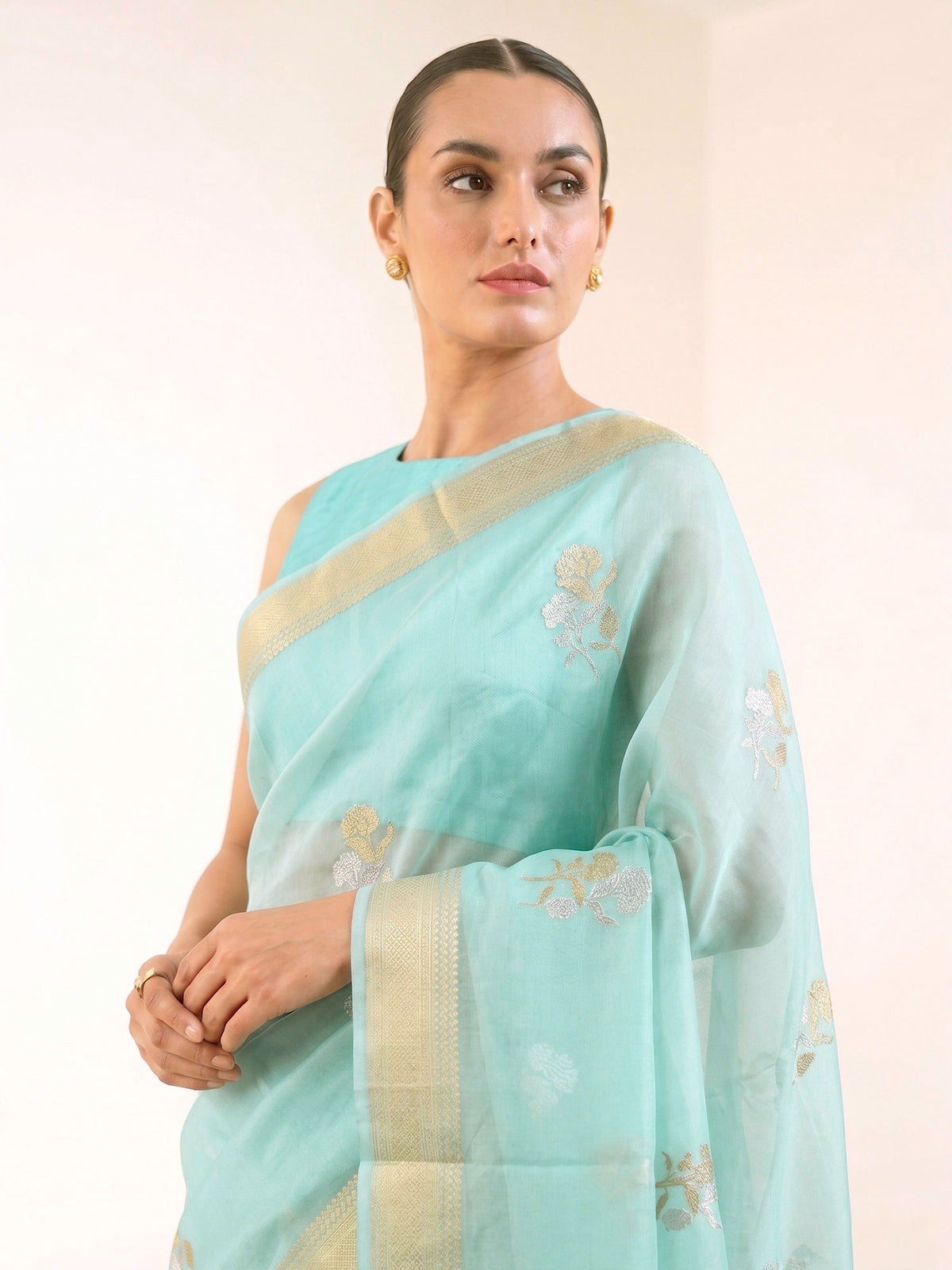 Pastel Aqua Blue Boota Organza Handloom Banarasi Saree - Sacred Weaves