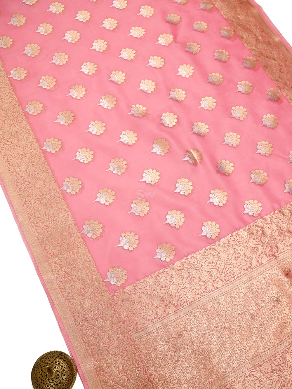 Peach Pink Boota Organza Handloom Banarasi Saree - Sacred Weaves