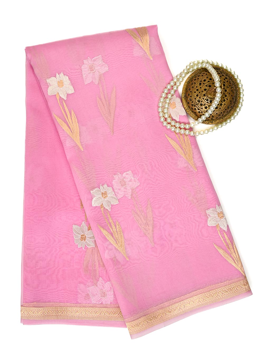 Pastel Pink Boota Organza Handloom Banarasi Saree