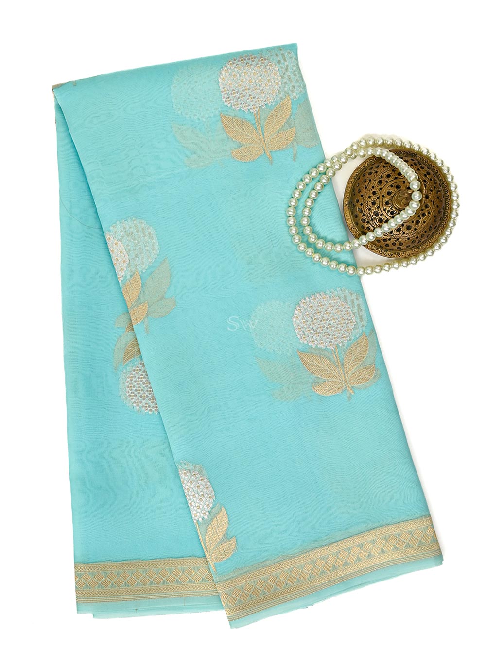 Pastel Aqua Blue Boota Organza Handloom Banarasi Saree - Sacred Weaves